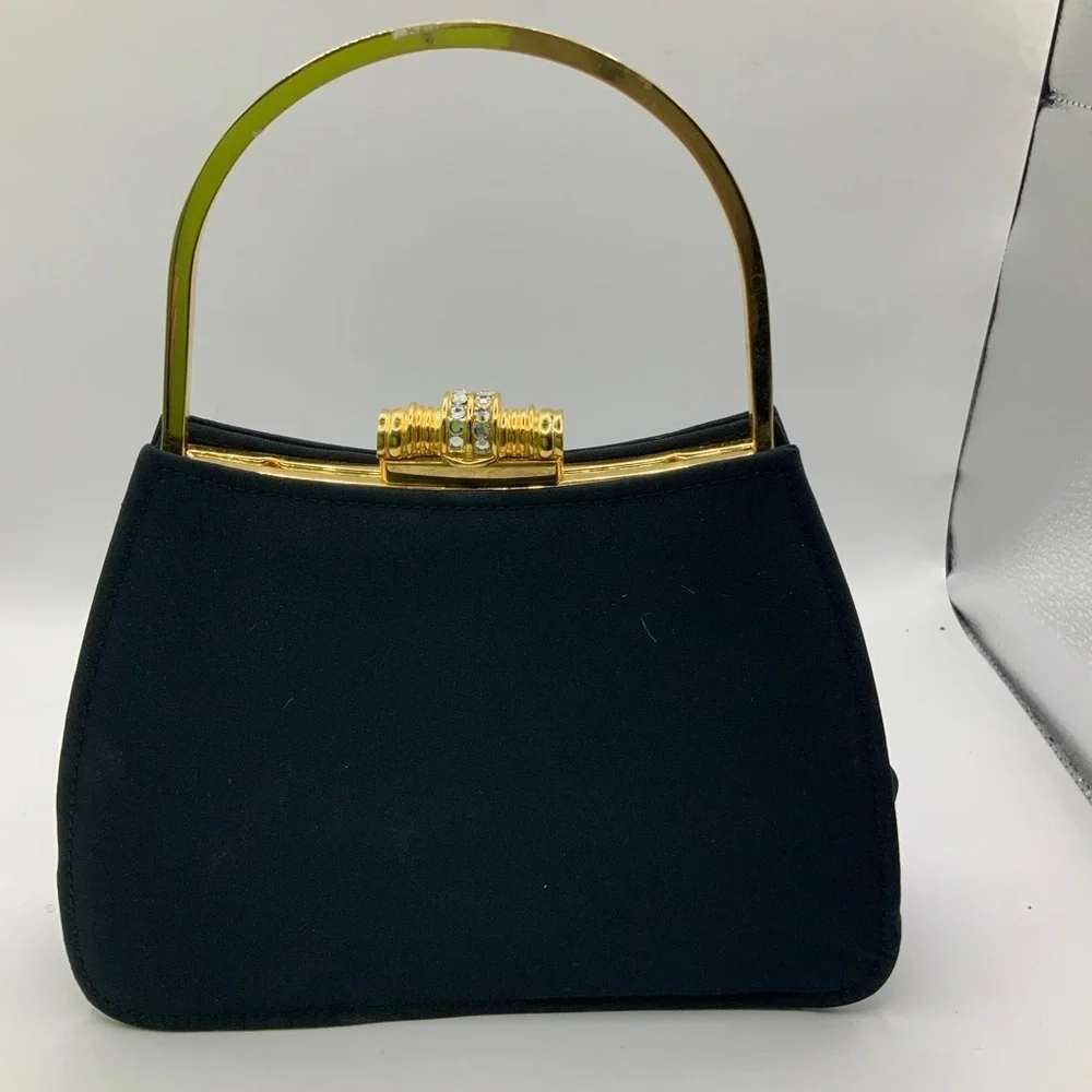 Y&S Vintage Elegant Black Satin Gold Accents Crystal Embellished Clasp Handbag